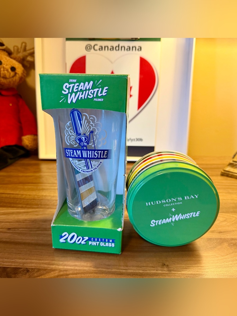 Steam Whistle 20oz Pint Glass,with Hudson's Bay Collab. Bottle Opener & Coasters